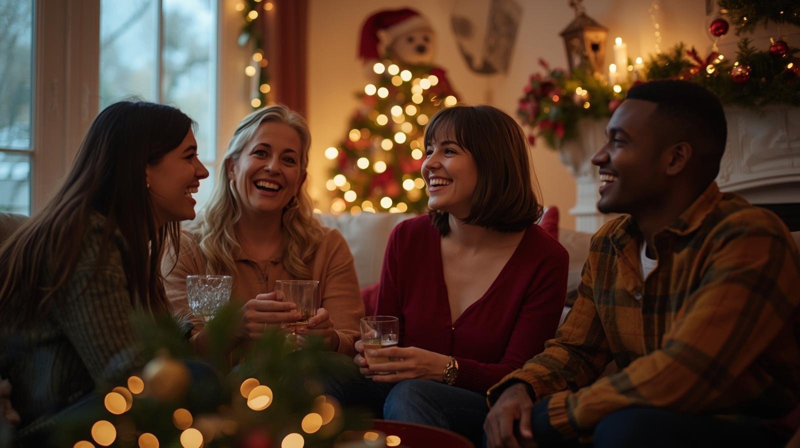 Family and friends gathered around Christmas tree during holiday party with comfortable indoor climate from reliable HVAC system