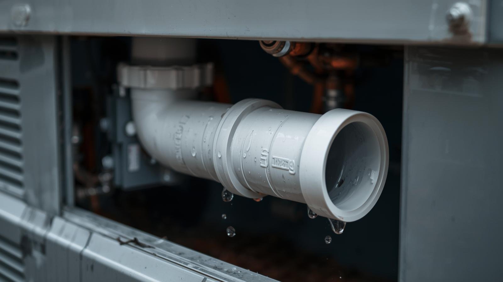 White PVC condensate drain line from HVAC system requiring quarterly vinegar maintenance