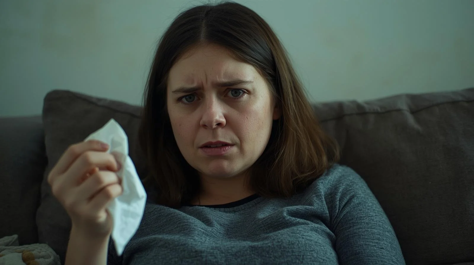 Woman with tissue experiencing dry air health symptoms from low humidity in Orange County home