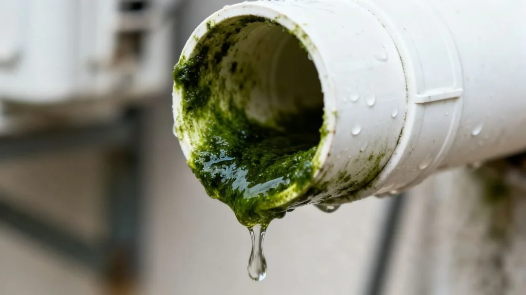 close-up of a white PVC AC condensate drain line clogged with green algae buildup dripping water, Orange County HVAC maintenance