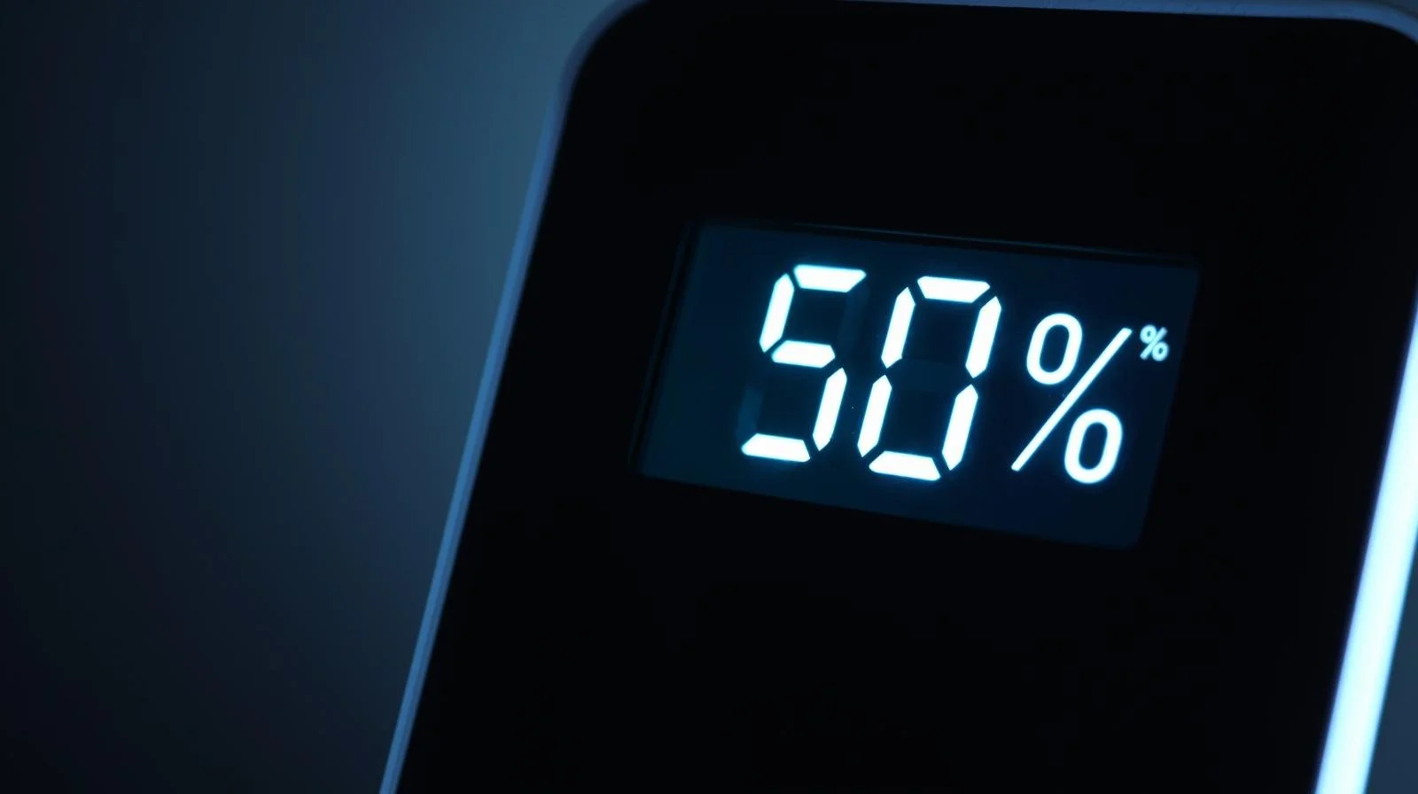 Digital hygrometer humidity gauge displaying 50 percent indoor humidity level