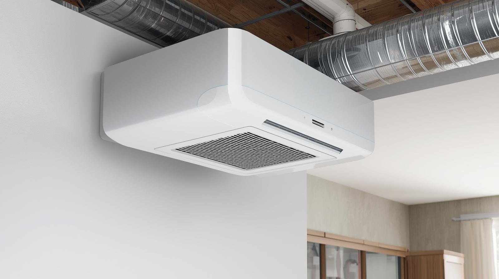 white ceiling-mounted HVAC air handler unit with integrated humidity control connected to metal ductwork for whole-home climate management in Orange County