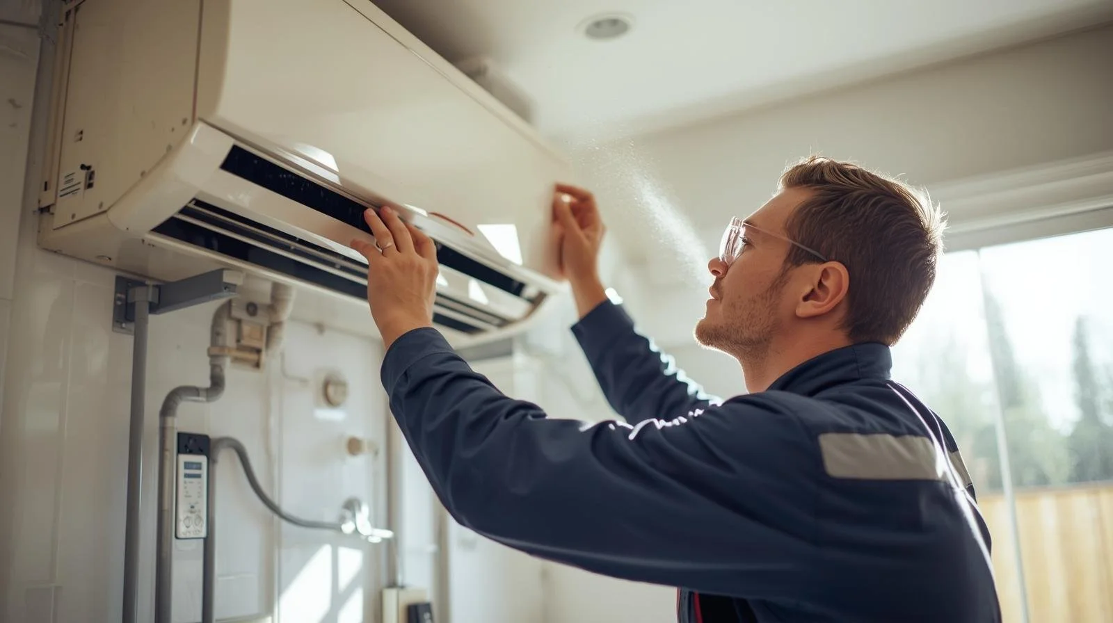 professional HVAC installer mounting ductless heat pump indoor unit in Yorba Linda residential home