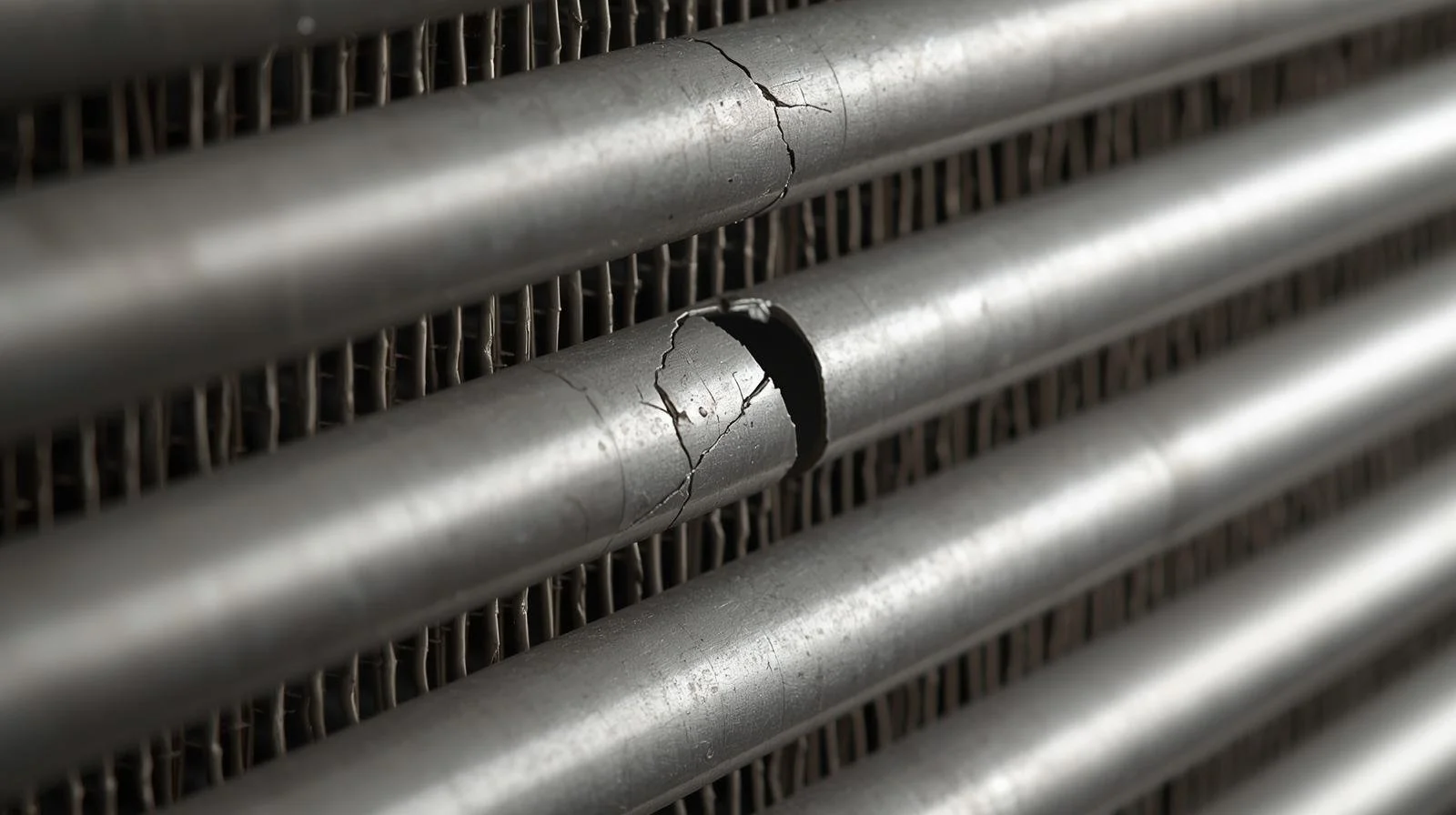 Close-up of cracked heat exchanger tubes showing metal fatigue and damage that allows carbon monoxide to leak into home air supply