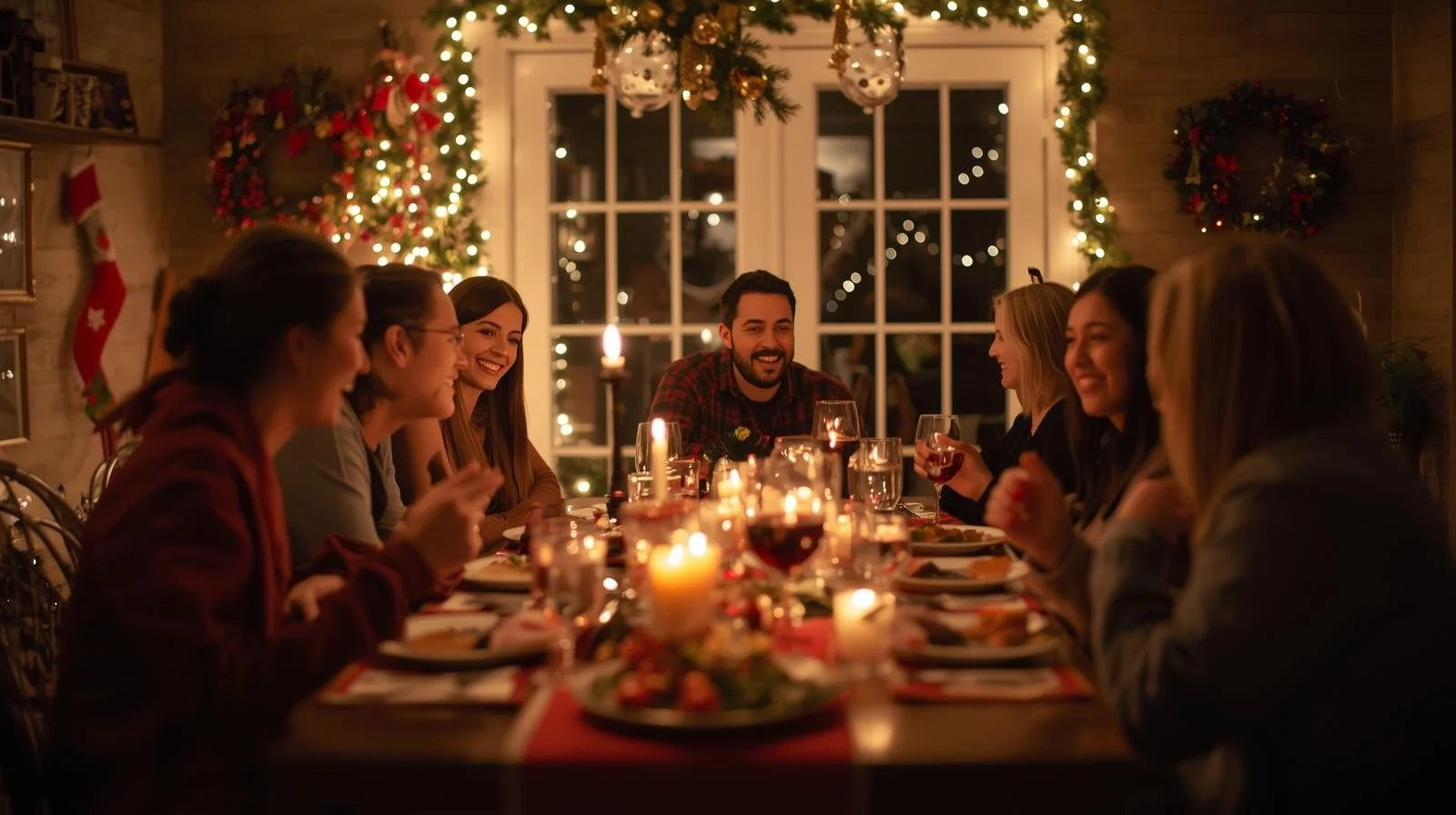 Holiday dinner party with guests enjoying comfortable home temperature from properly maintained heating system
