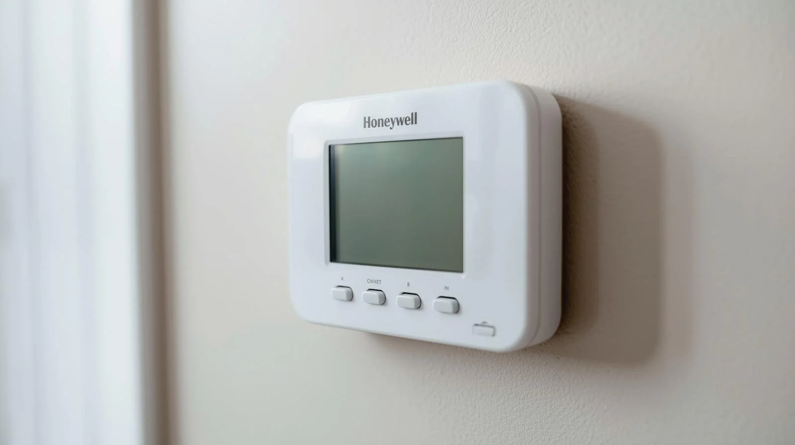 Honeywell thermostat with blank display screen indicating dead batteries