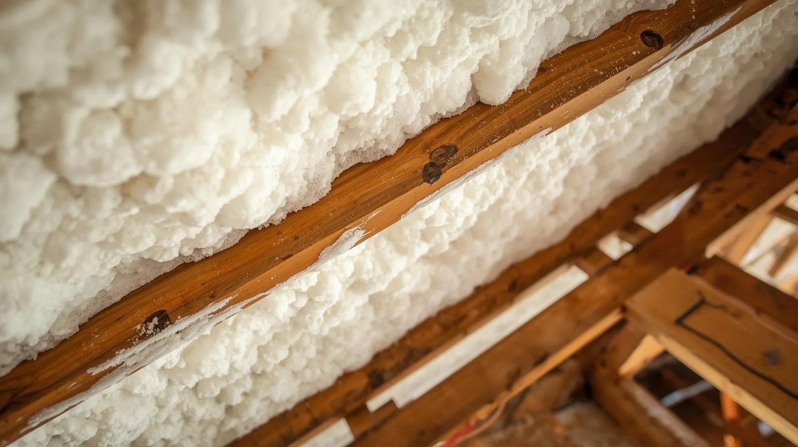 Closed-cell spray foam insulation applied to attic rafters providing superior air sealing and HVAC efficiency in Orange County home