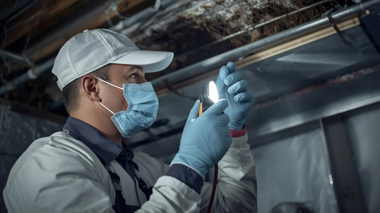 HVAC professional inspecting ductwork for mold and air quality issues in Orange County home