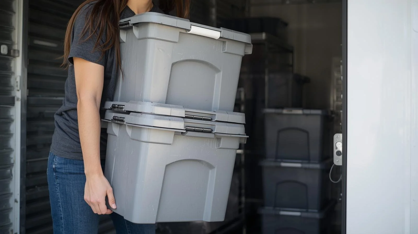 Homeowner organizing storage bins during January home maintenance season