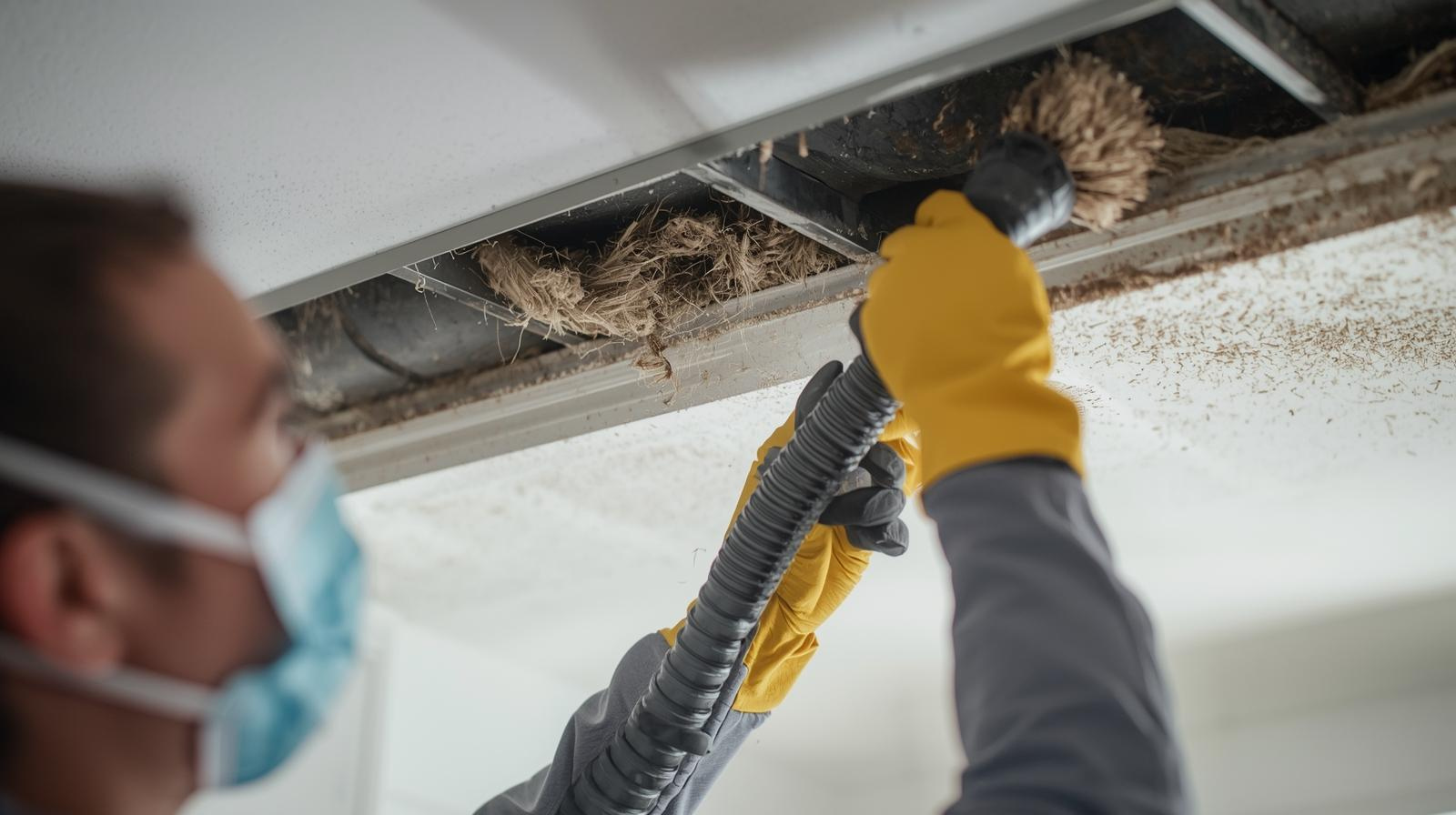 Professional cleaning dusty air ducts with vacuum to eliminate musty heater smells