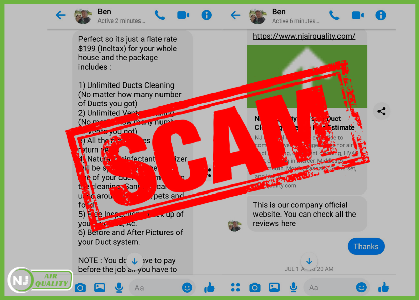 example of duct cleaning scam text message advertising cheap service with bait-and-switch pricing warning