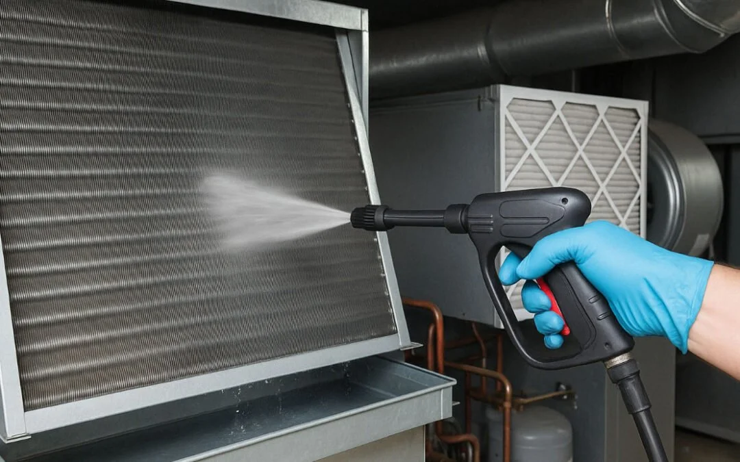 HVAC technician pressure washing evaporator coil during air conditioning maintenance service in Anaheim Hills
