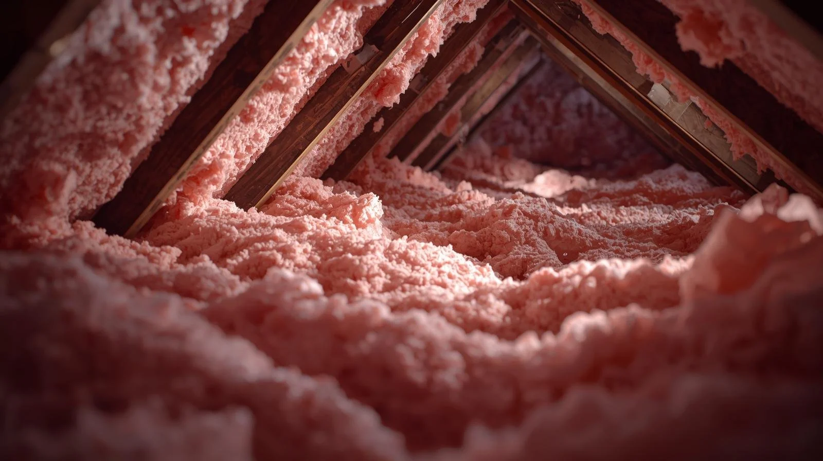 Blown-in fiberglass attic insulation covering joists to achieve proper R-value for HVAC efficiency in Orange County home