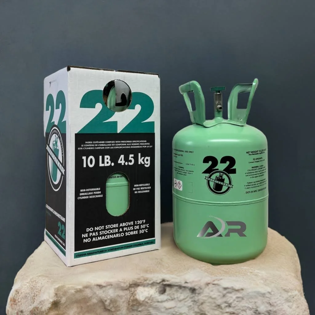 R-22 refrigerant cylinder showing the discontinued refrigerant that drives compressor replacement costs into the $3,500 to $5,500+ range on aging AC systems in Orange County