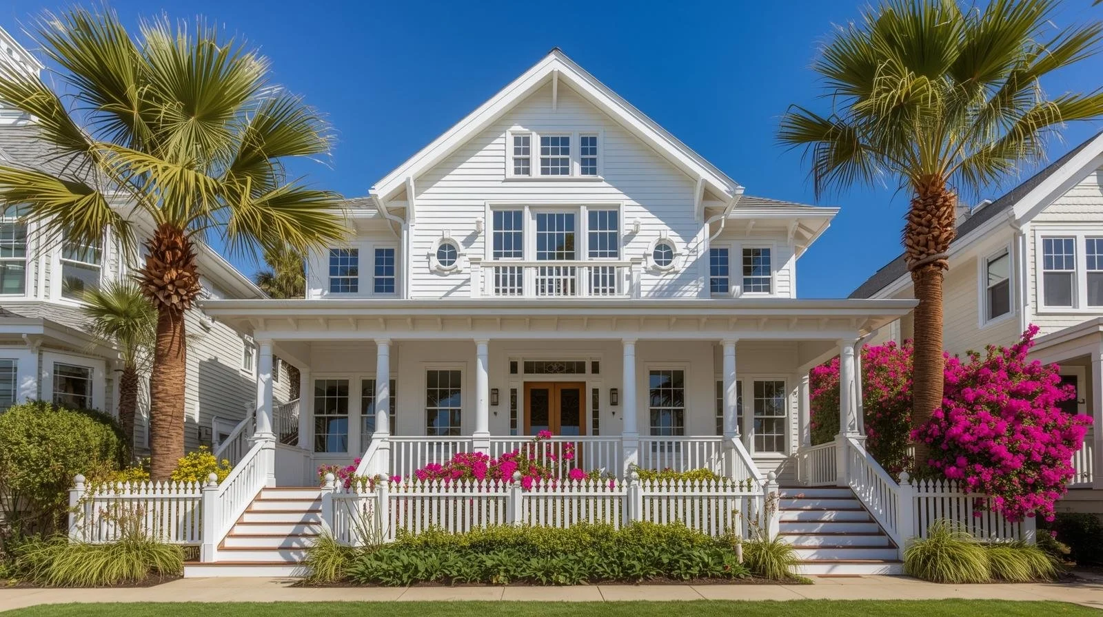 white coastal-style home with palm trees and landscaping in Orange County California ideal for smart thermostat temperature optimization