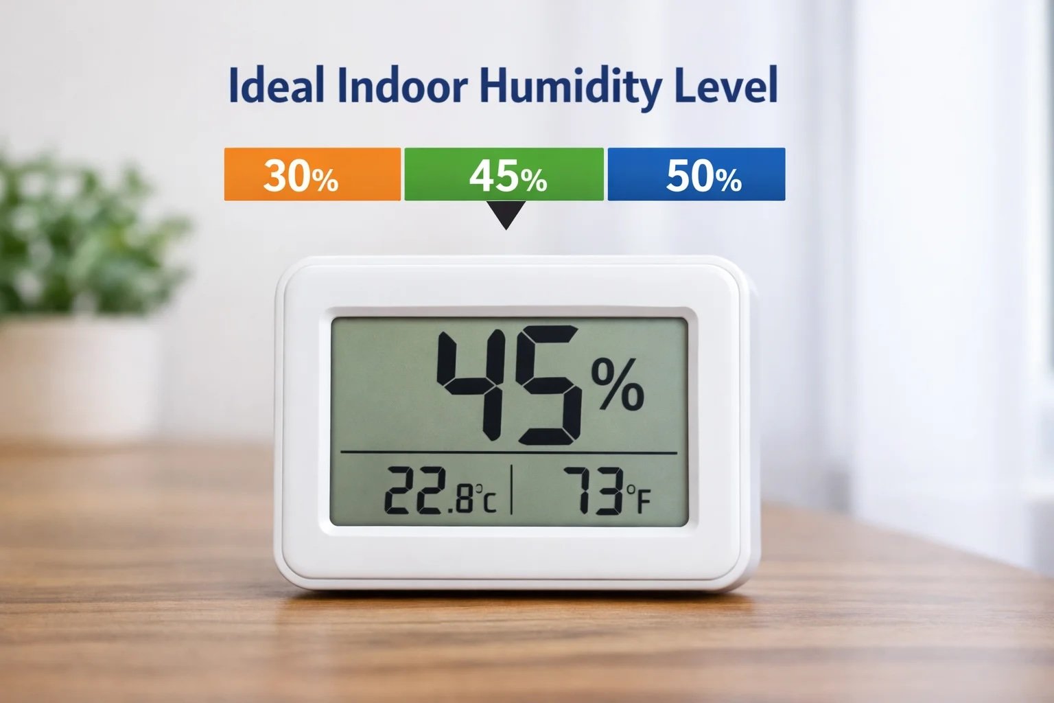 Ideal indoor humidity level display showing 45 percent relative humidity to help prevent mold, mildew, and AC odors