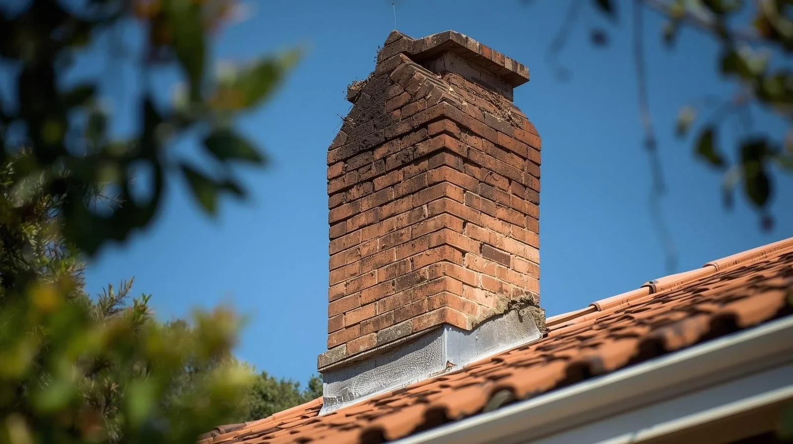 Deteriorating brick chimney with cracked mortar and visible damage that could block furnace venting and cause CO buildup