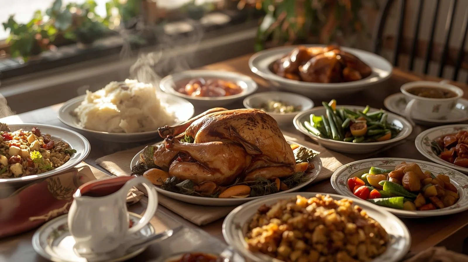 Thanksgiving turkey dinner spread on table with mashed potatoes, green beans, stuffing, and side dishes in well-heated home