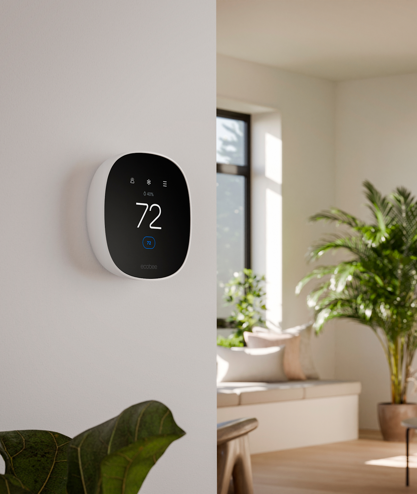 Smart thermostat on interior wall displaying 72 degrees, helping improve temperature accuracy and home comfort