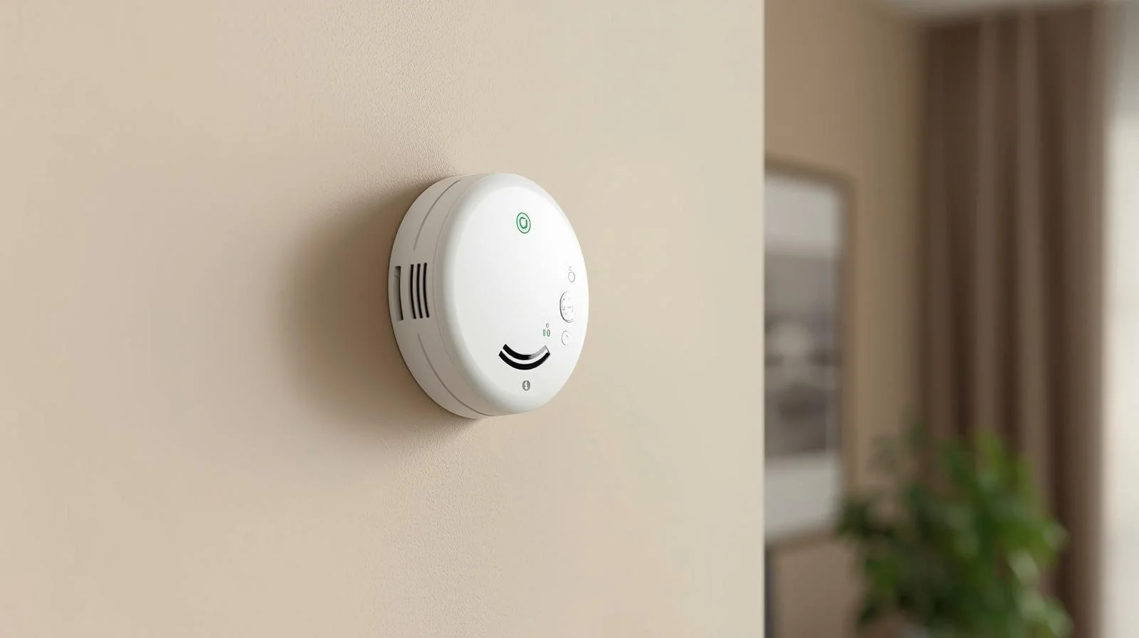 Wall-mounted white carbon monoxide alarm with green status light installed in hallway outside bedroom in California home, meeting state legal requirements for CO detection in homes with gas furnaces and appliances
