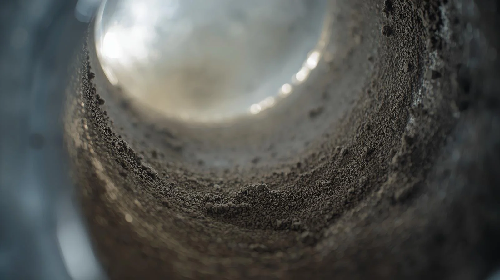 close-up interior view of dirty circular air duct showing accumulated dust and debris coating metal walls, demonstrating need for professional HVAC duct cleaning in Orange County