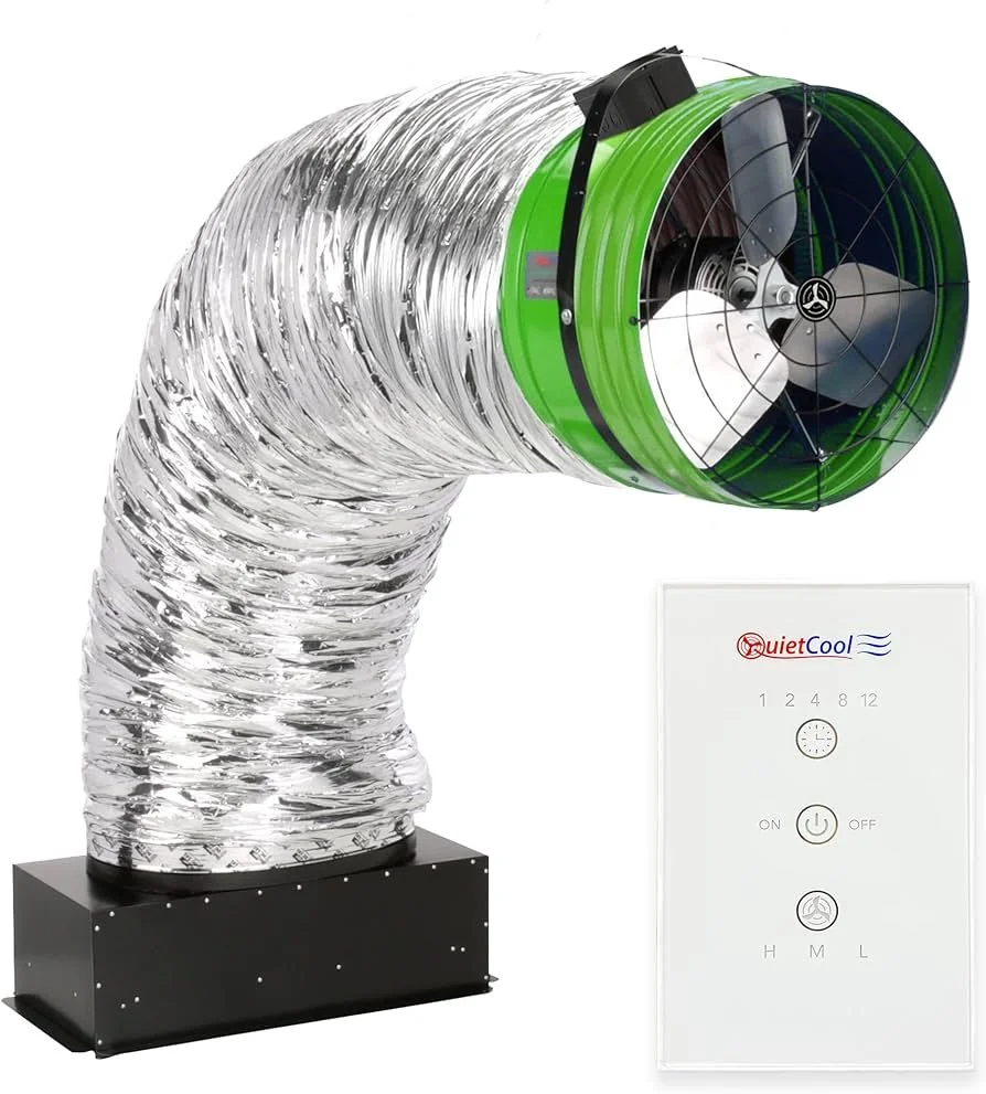 QuietCool whole house fan system with ductwork and wall control for energy efficient home cooling