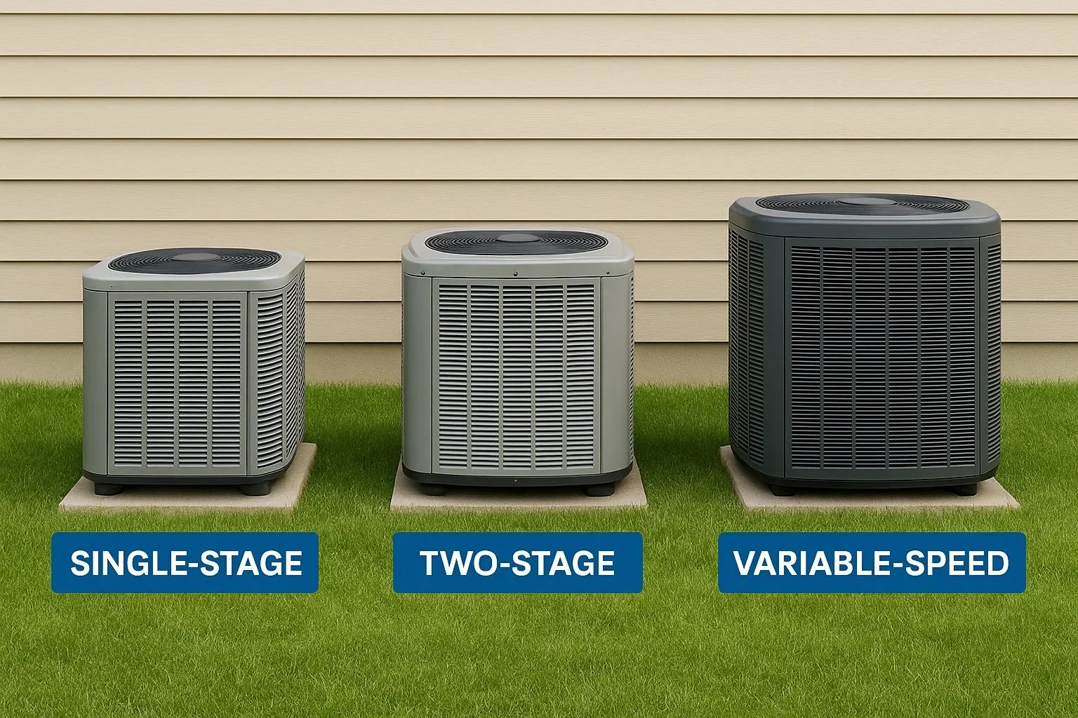 Comparison of single-stage, two-stage, and variable-speed air conditioning units showing different compressor types and efficiency levels