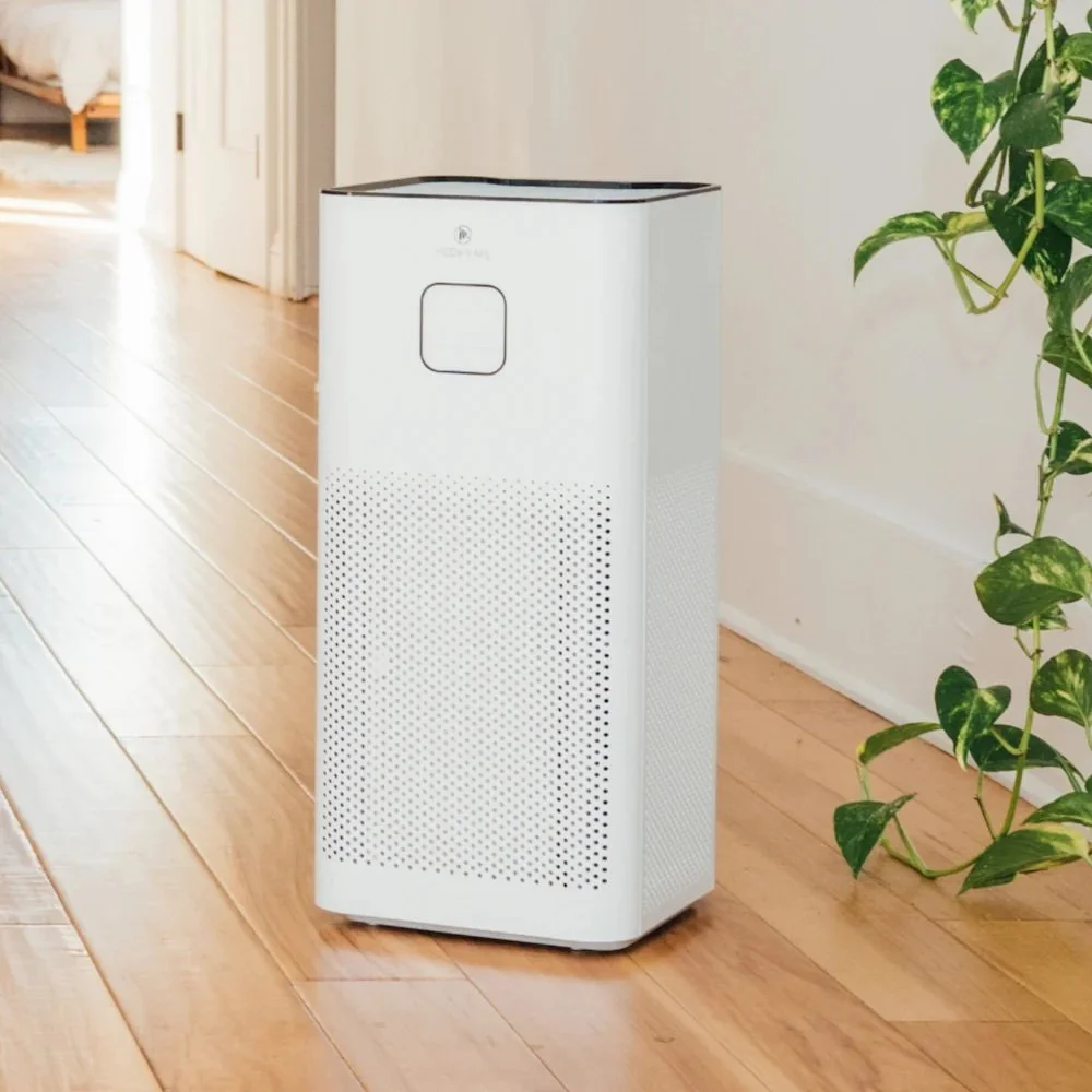 portable HEPA air purifier on hardwood floor in a bright home interior