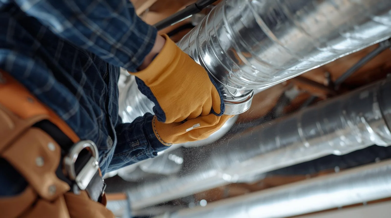 HVAC technician sealing metal ductwork to prevent energy loss and reduce heating costs