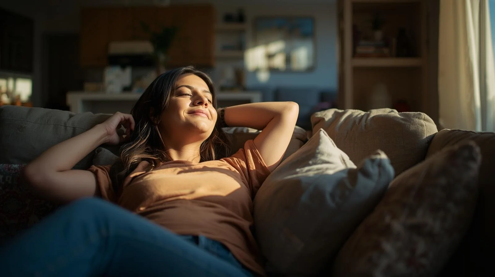 Woman relaxing comfortably at home with perfect indoor air quality and temperature