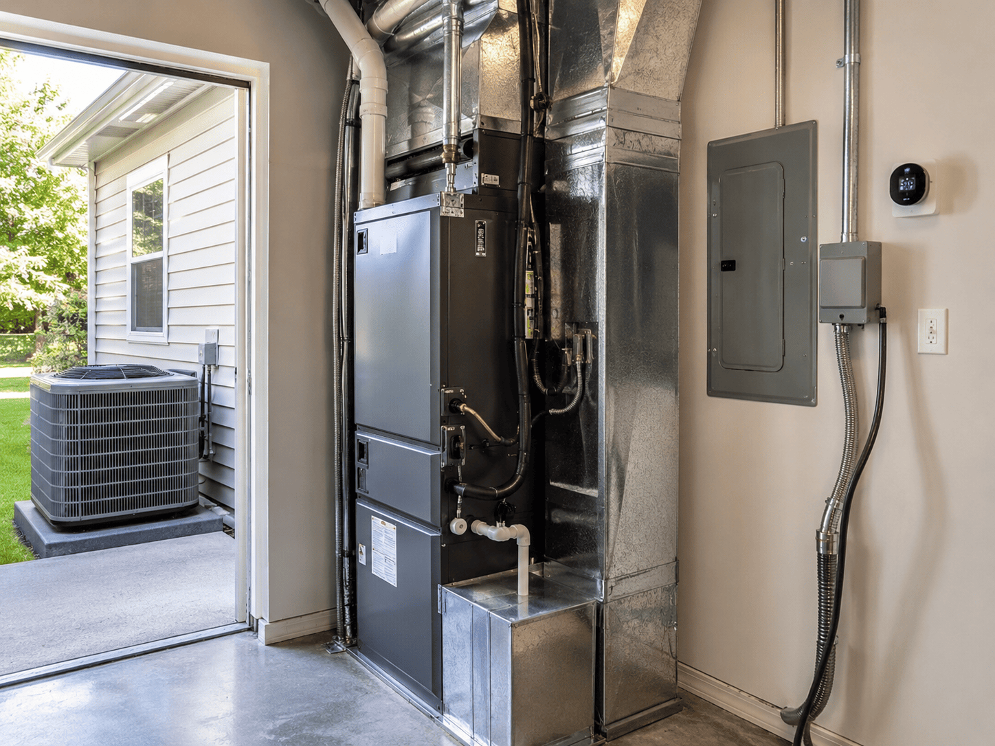 indoor air handler, ductwork, and electrical panel in a garage installation, representative of the equipment upgrades that may qualify for 2026 HVAC rebates in Orange County