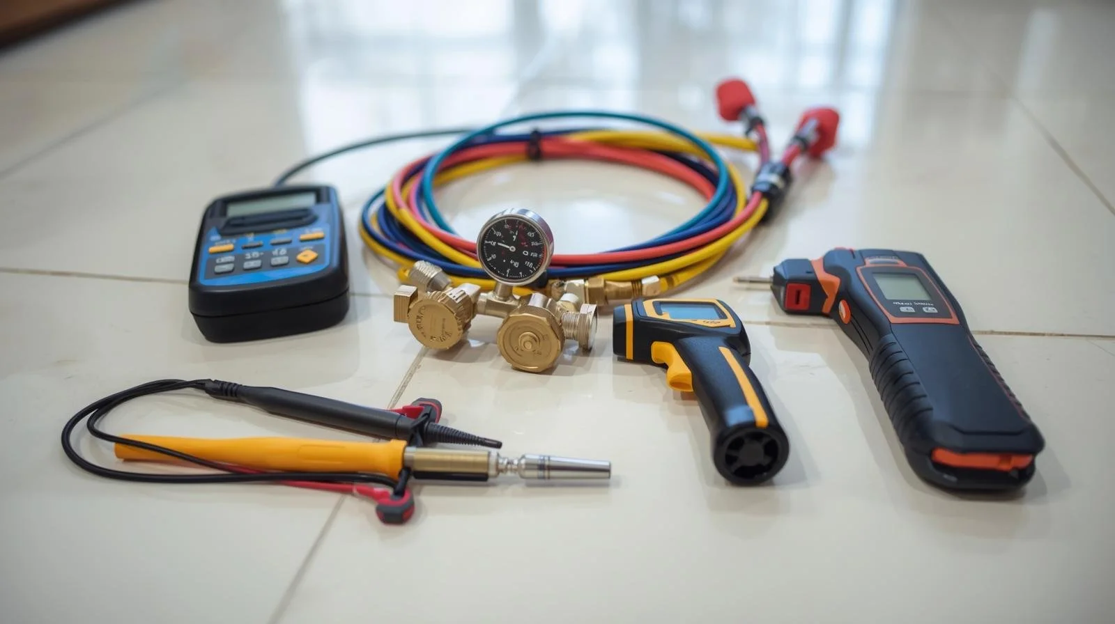 professional HVAC diagnostic tools including pressure gauges, multimeter, and infrared thermometer for furnace repair