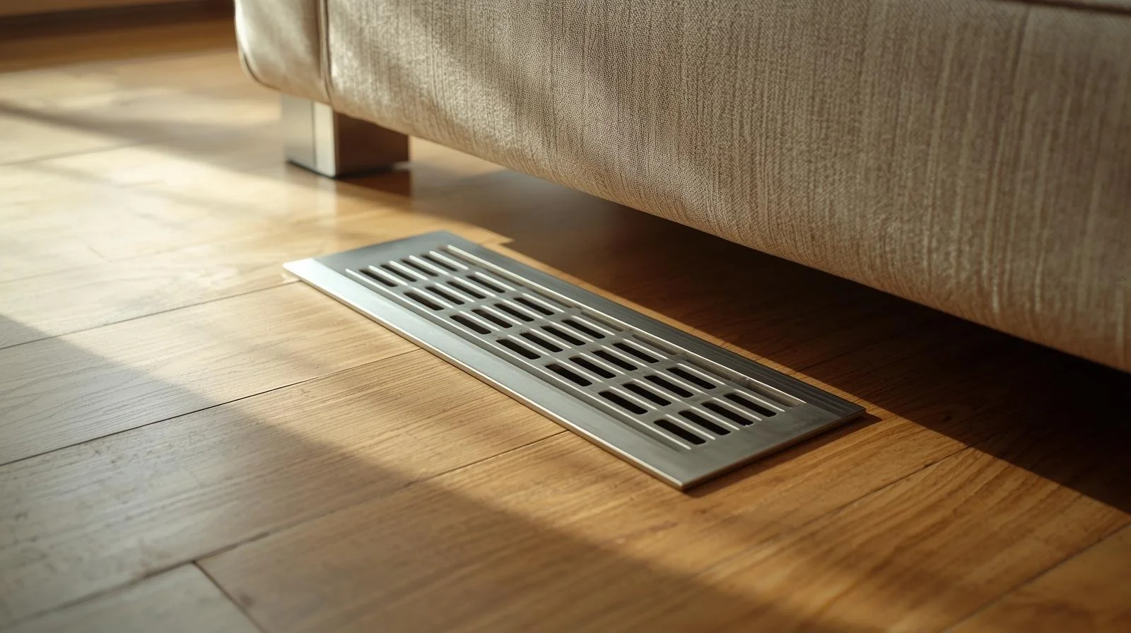 Floor air vent near couch requiring clearance for proper HVAC airflow