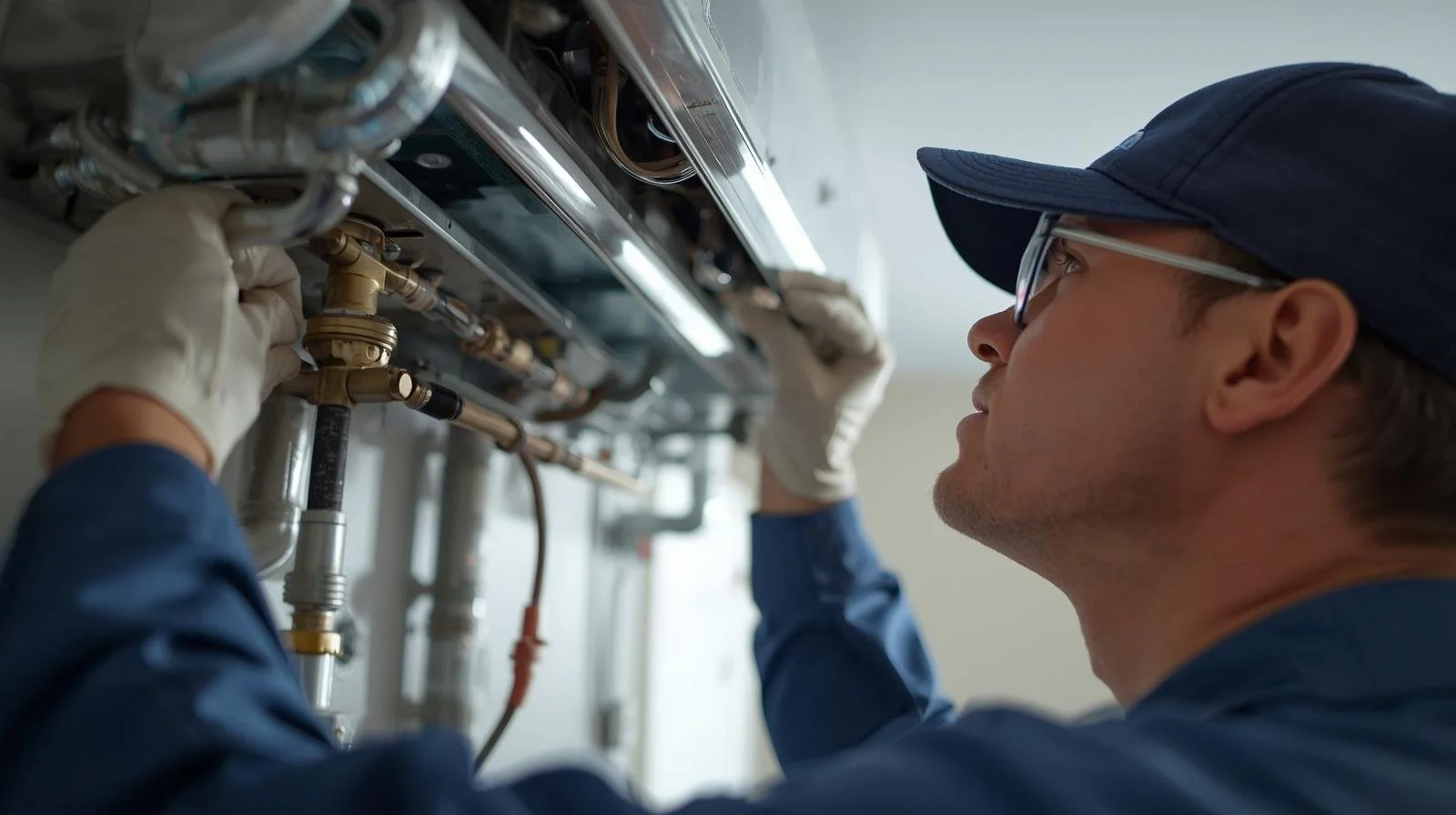 HVAC technician checking refrigerant lines during professional maintenance visit to prevent leaks