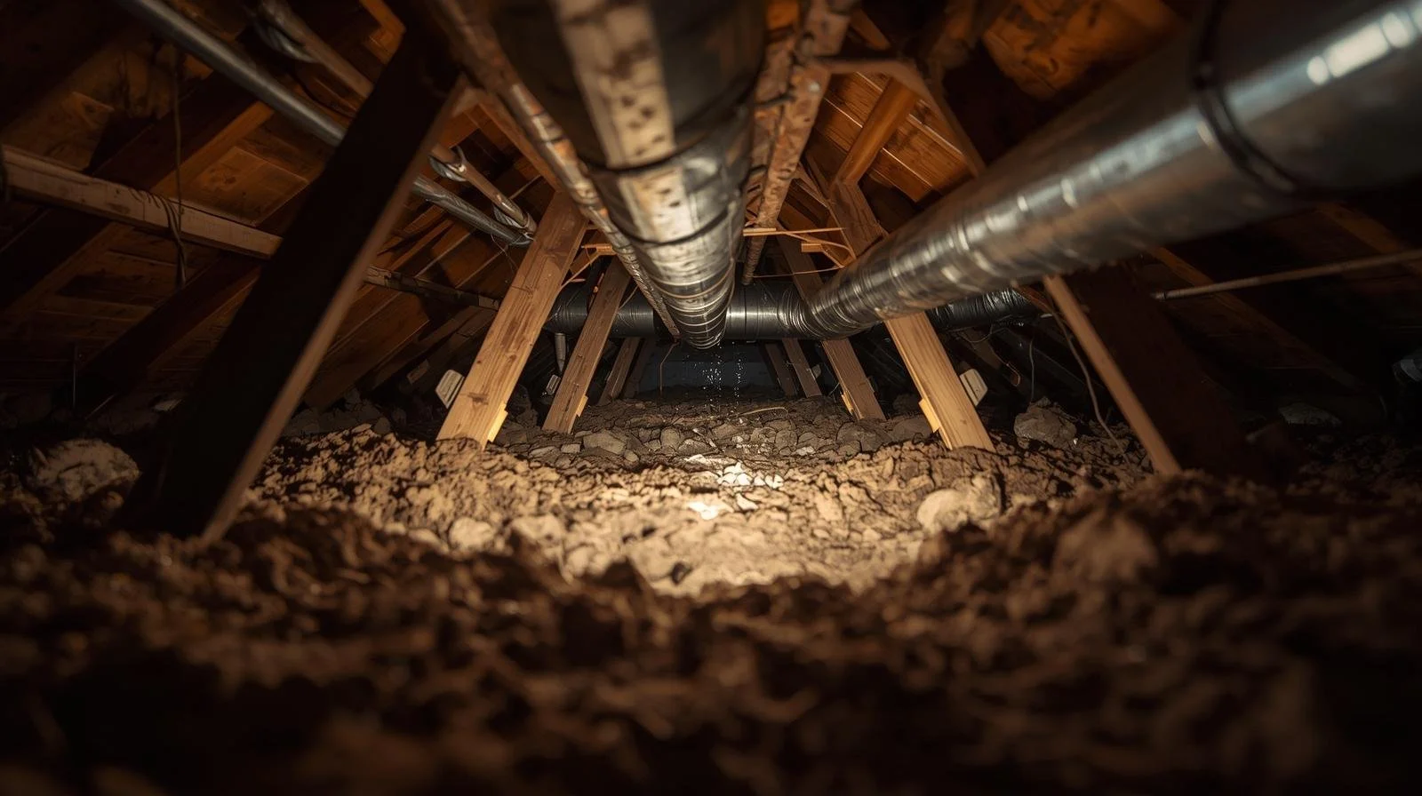 ductwork in hot attic of Yorba Linda tract home showing potential leak points