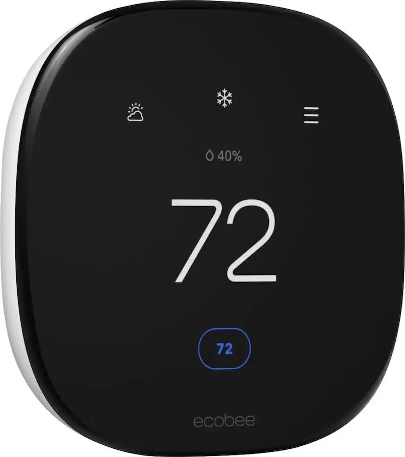 Ecobee smart thermostat displaying 72 degrees with humidity monitoring and air quality tracking for Orange County home