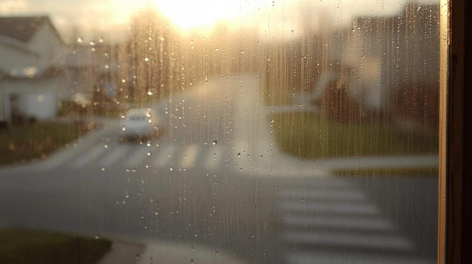 Water droplets and condensation streaking down interior window glass indicating excess indoor humidity above 50 percent in Orange County home