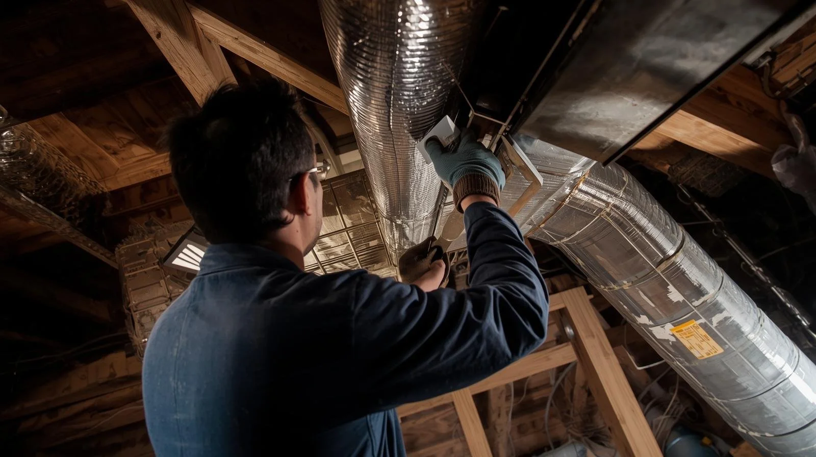 HVAC technician applying mastic sealant to ductwork connections