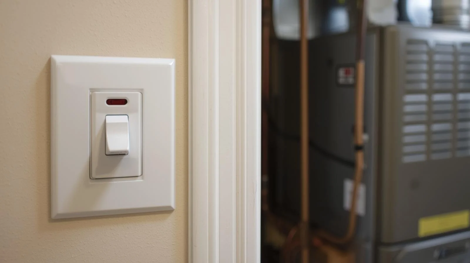 furnace power switch with red indicator light mounted on wall near heating system for troubleshooting