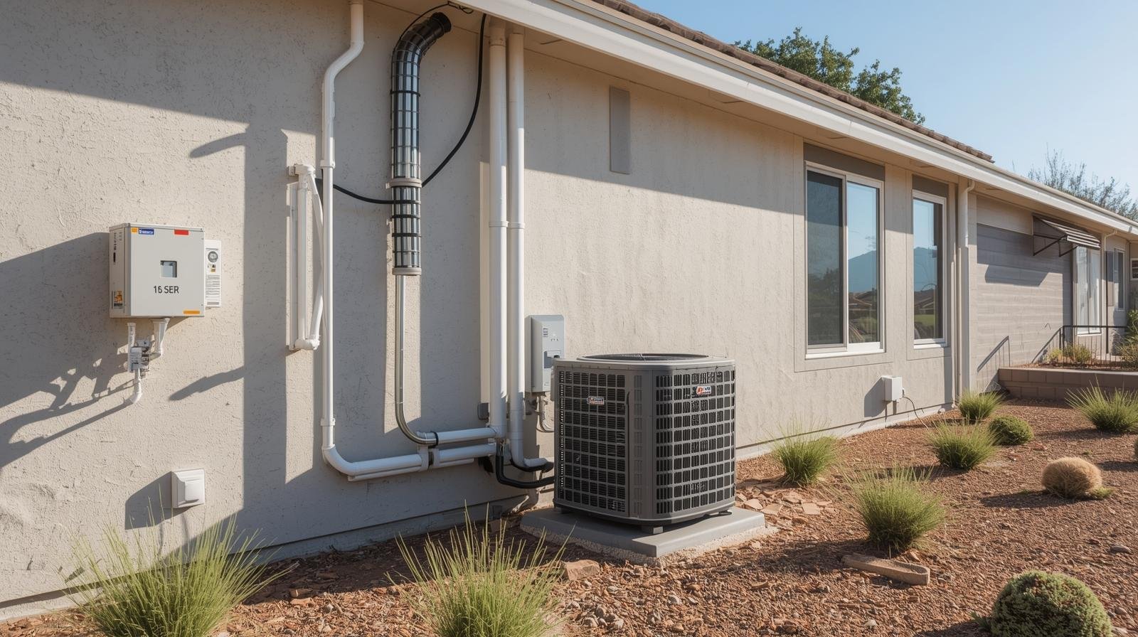 16 SEER high-efficiency HVAC system installed on California home exterior with desert landscaping