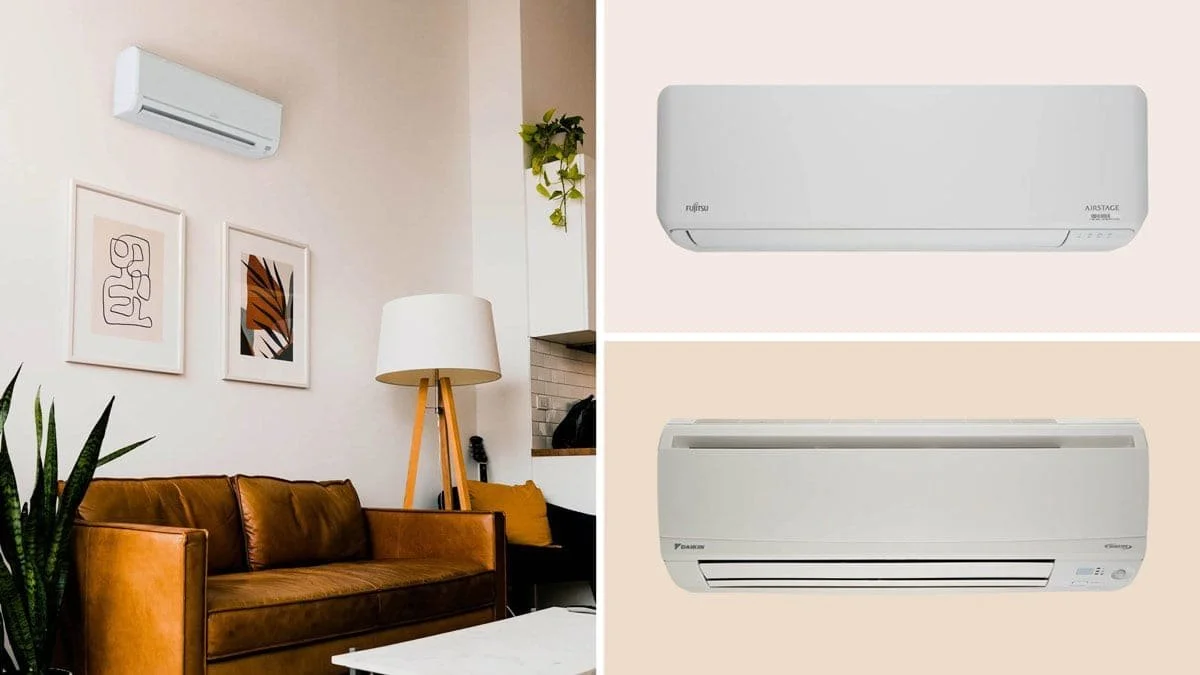 Mini split wall unit installed in a living room alongside Fujitsu Airstage and Daikin indoor unit product shots