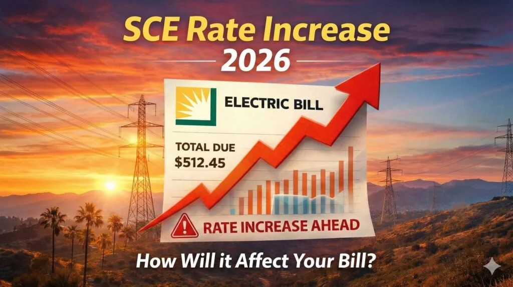 Graphic showing Southern California Edison electricity rate increase in 2026 with rising electric bill and power lines in Orange County