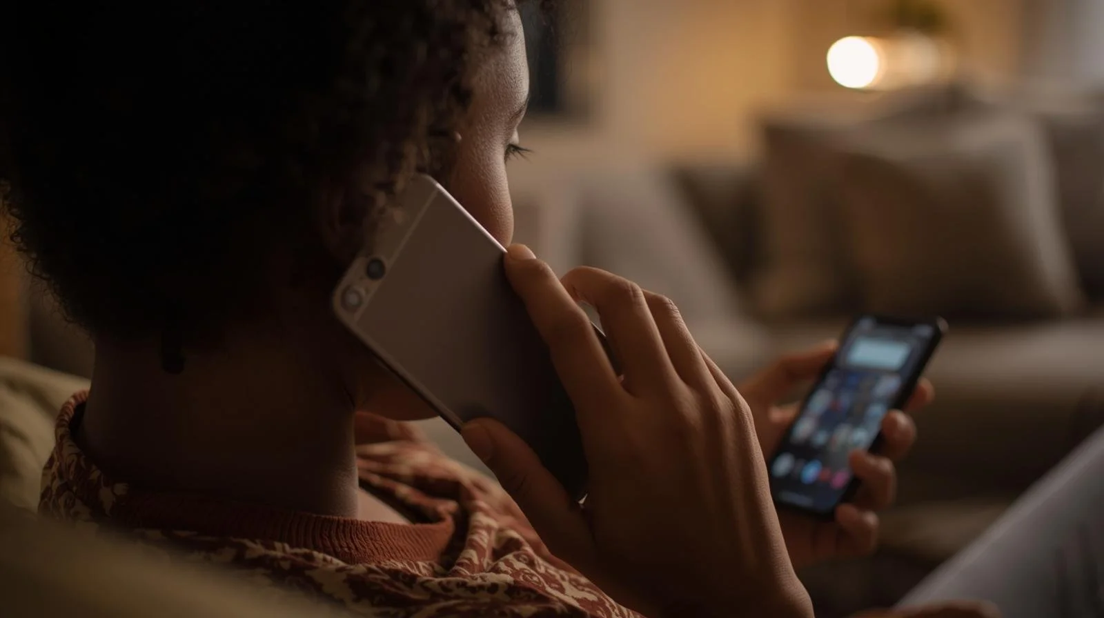 Woman calling HVAC technician about strange heater smell in Orange County home