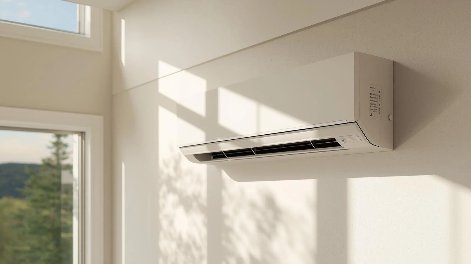 white wall-mounted mini-split heat pump air handler installed in clean modern home interior with sunlight streaming through windows
