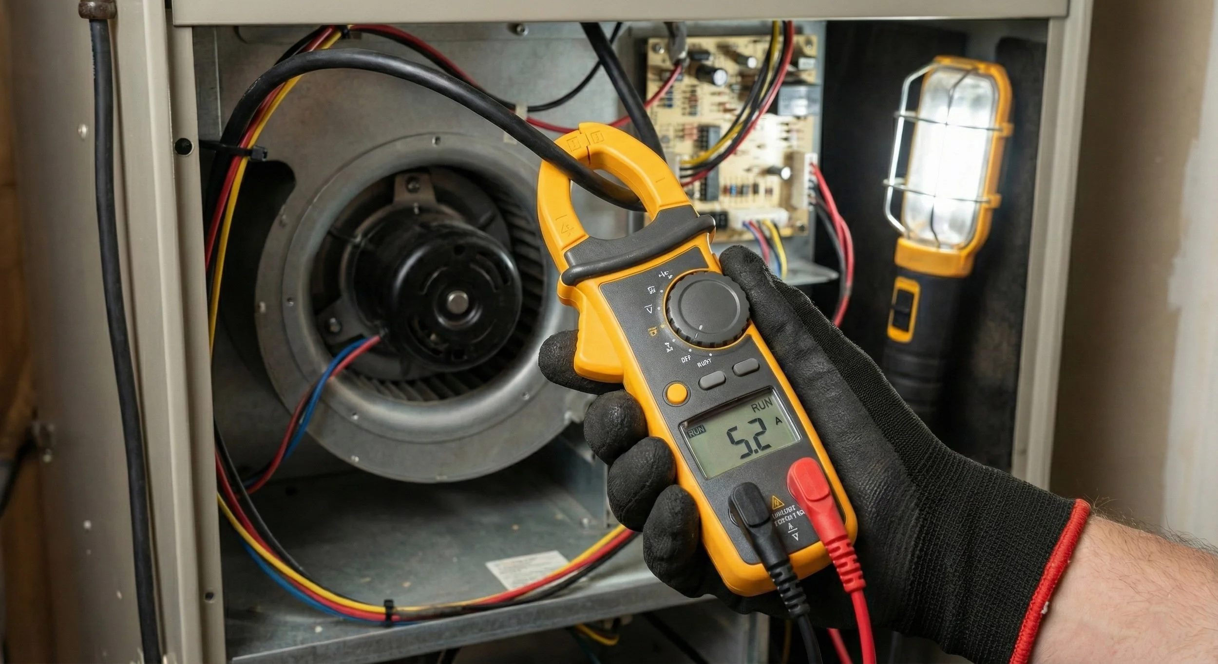 HVAC technician using a clamp meter to test blower motor amperage draw inside a residential air handler during an AC tune-up