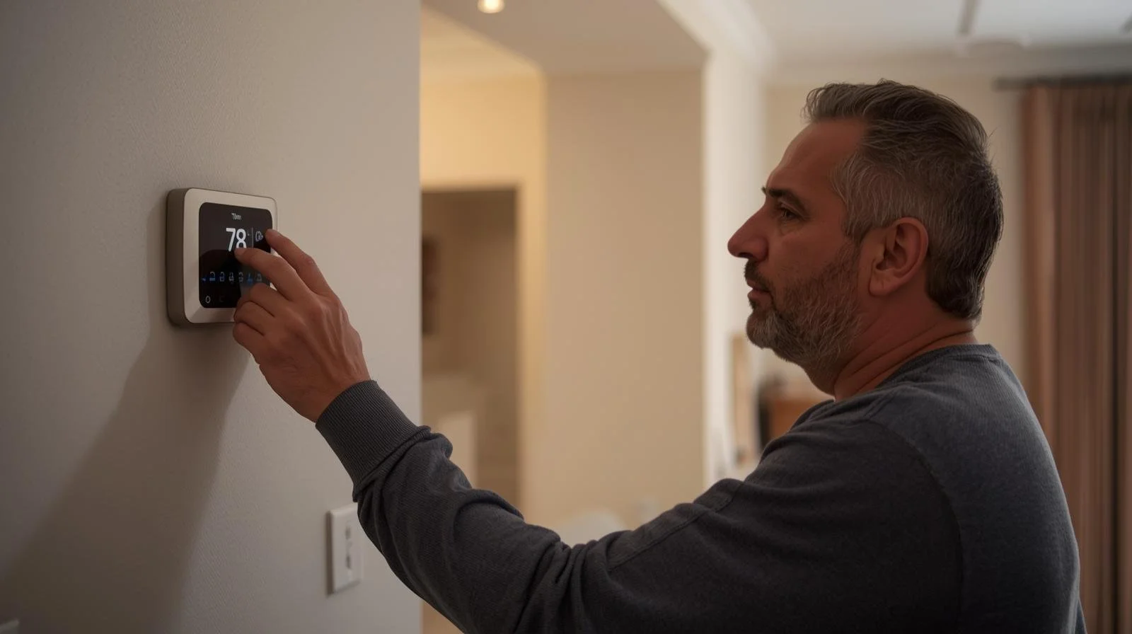 Homeowner adjusting programmable thermostat to lower temperature for energy savings without damaging HVAC system