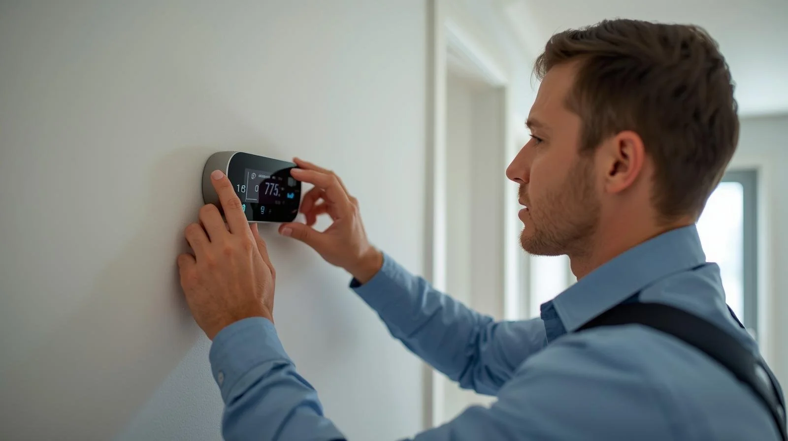 HVAC technician adjusting thermostat during heater inspection for unusual odors