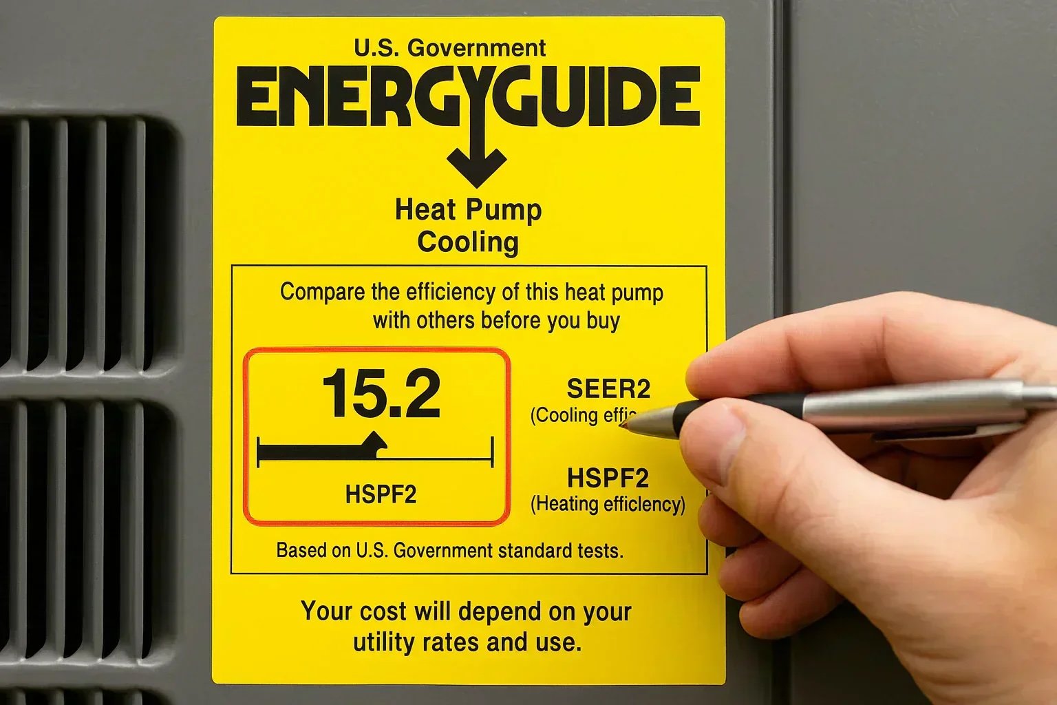 U.S. Government EnergyGuide label showing 15.2 SEER2 and HSPF2 ratings on a heat pump with a hand pointing to the efficiency rating