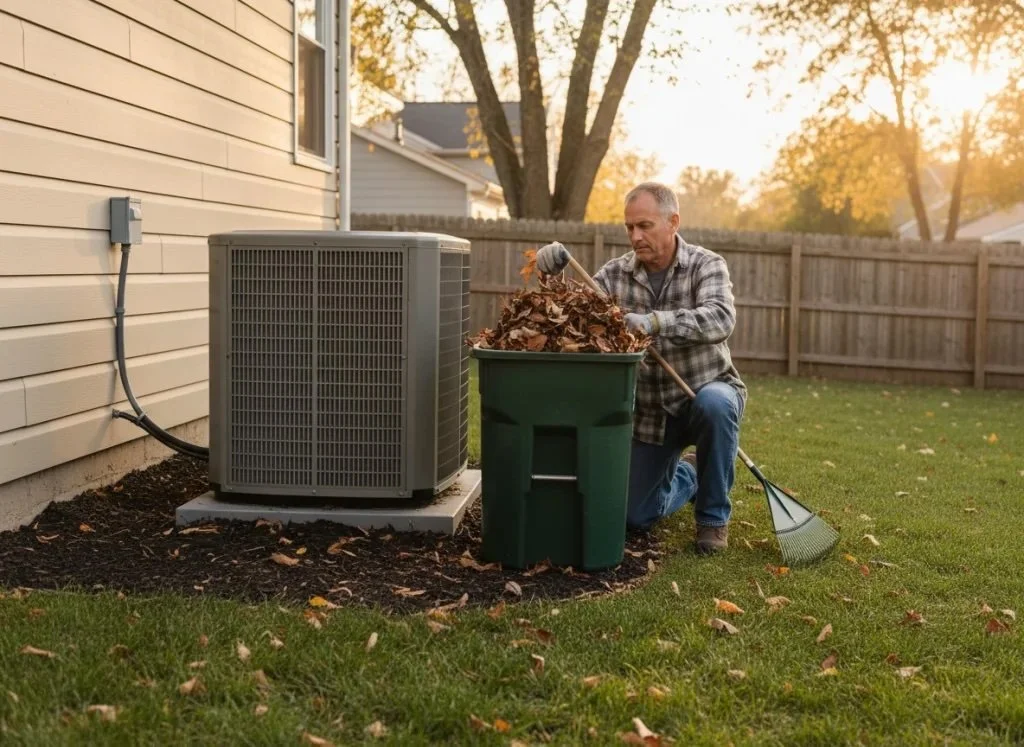 homeowner clearing fallen leaves and debris from around outdoor AC condenser unit during fall seasonal HVAC maintenance