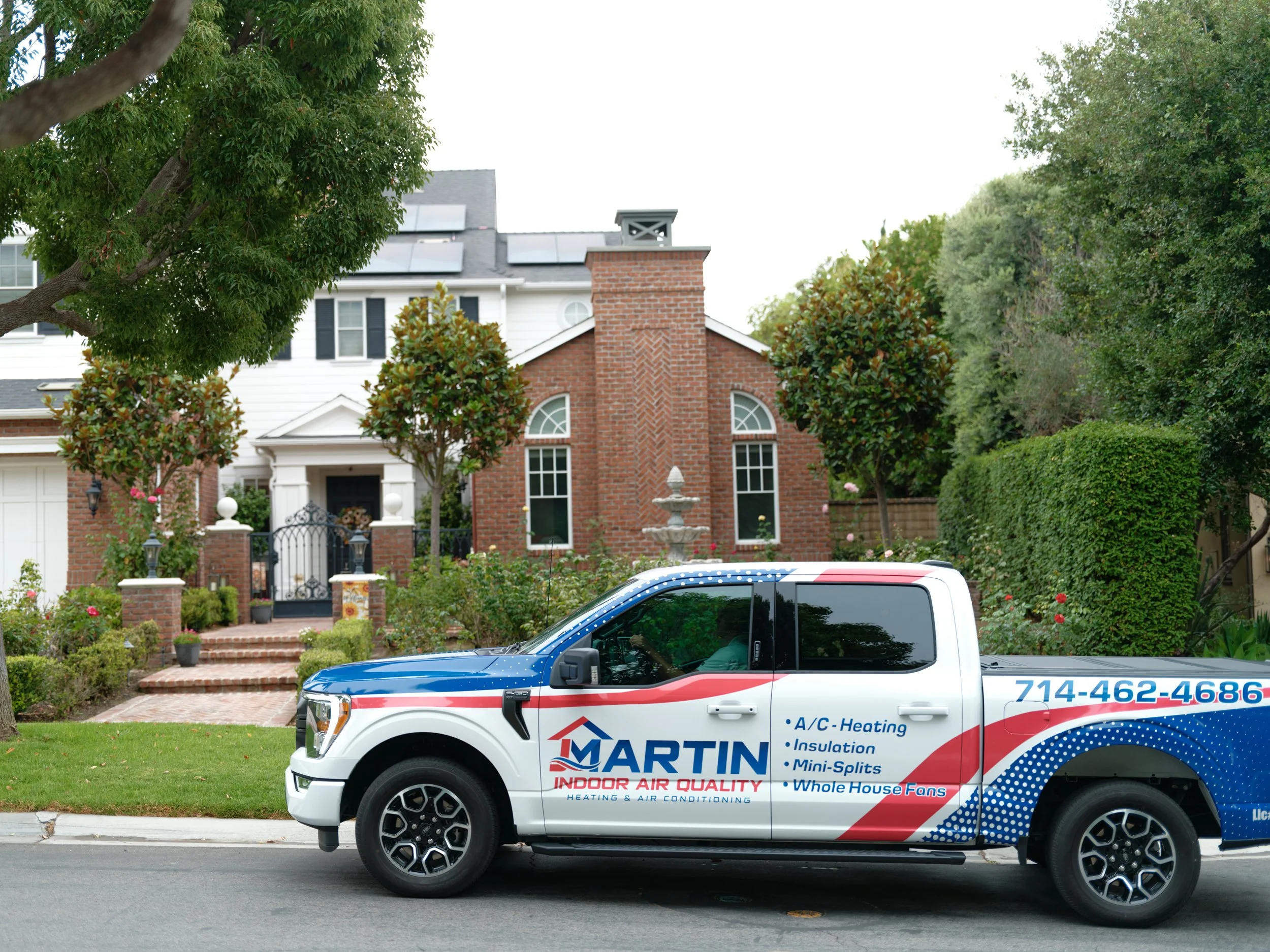 J Martin Indoor Air Quality service truck parked in front of an Anaheim Hills home during an AC repair call